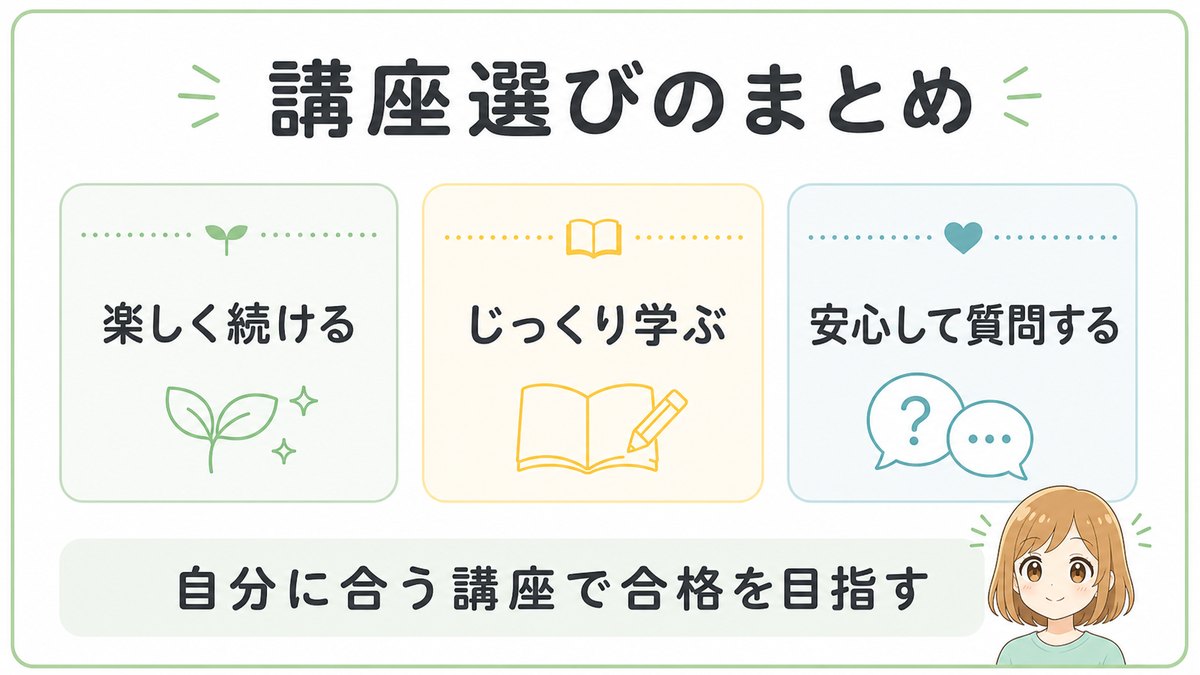 宅建通信講座選びのまとめとして自分に合う講座で合格を目指す図解