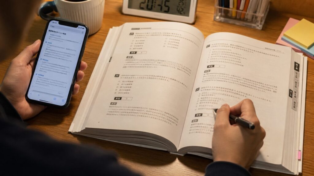 宅建過去問題集を解き、わからないところをテキストで調べる