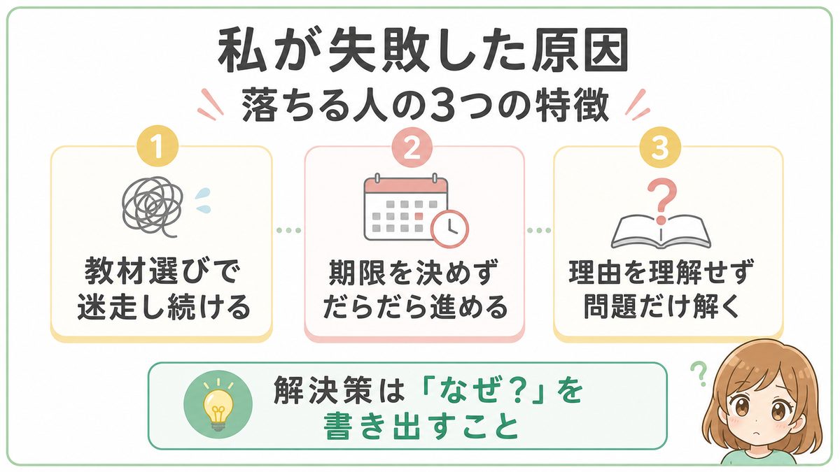 宅建独学で失敗した原因と落ちる人の特徴を3つに整理した図解