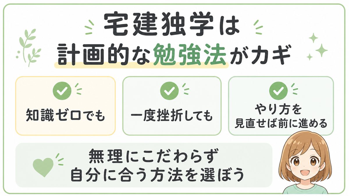 宅建独学は計画的な勉強法がカギで自分に合う方法を選ぶことが大切というまとめ図解