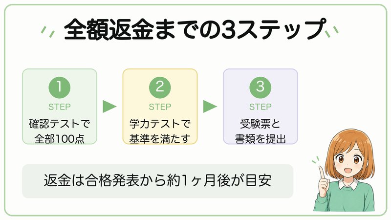 フォーサイト宅建の全額返金保証までの3ステップ図。①学習中に確認テストをすべて100点にする②学力テストで当年度の公式基準を満たす③受講期間内に受験票と本人確認書類をeラーニングから提出。不合格なら返金は合格発表から約1ヶ月後が目安
