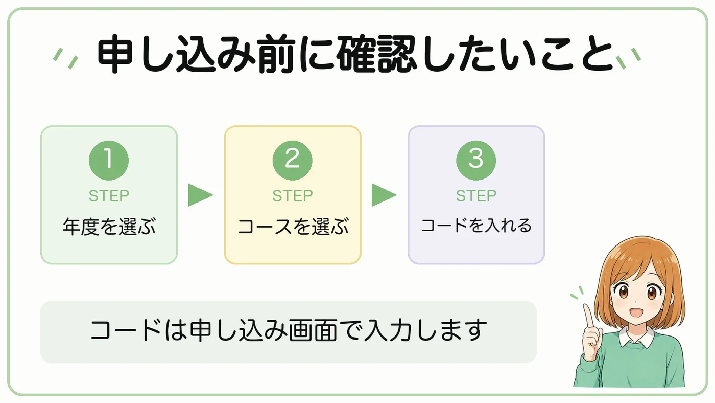 申し込み前に確認したいこと（年度を選ぶ・コースを選ぶ・コードを入れる）