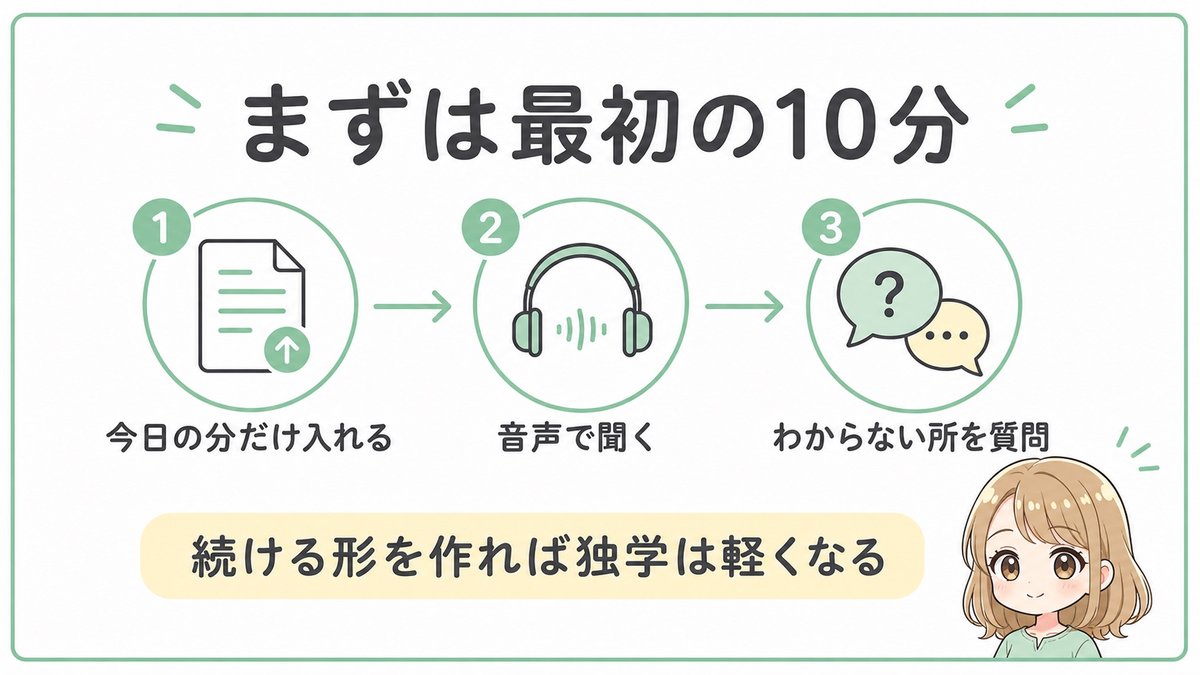 NotebookLM勉強法は最初の10分から始めると示した図