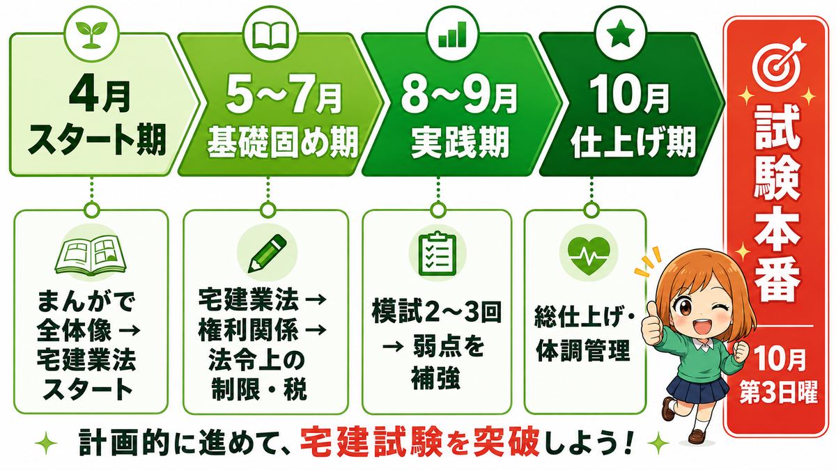 宅建6ヶ月合格スケジュールの全体像（4月スタート期から10月仕上げ期の流れ）