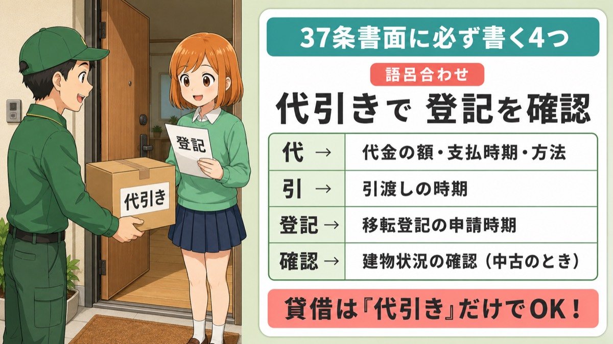 37条書面に必ず書く4つの語呂合わせ図解（代引きで登記を確認＝代金の額・支払時期・方法、引渡しの時期、移転登記の申請時期、建物状況の確認。貸借は代引きの2つだけでOK）
