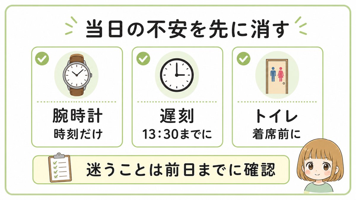 宅建試験当日の腕時計、遅刻、トイレの不安を前日までに確認する図解