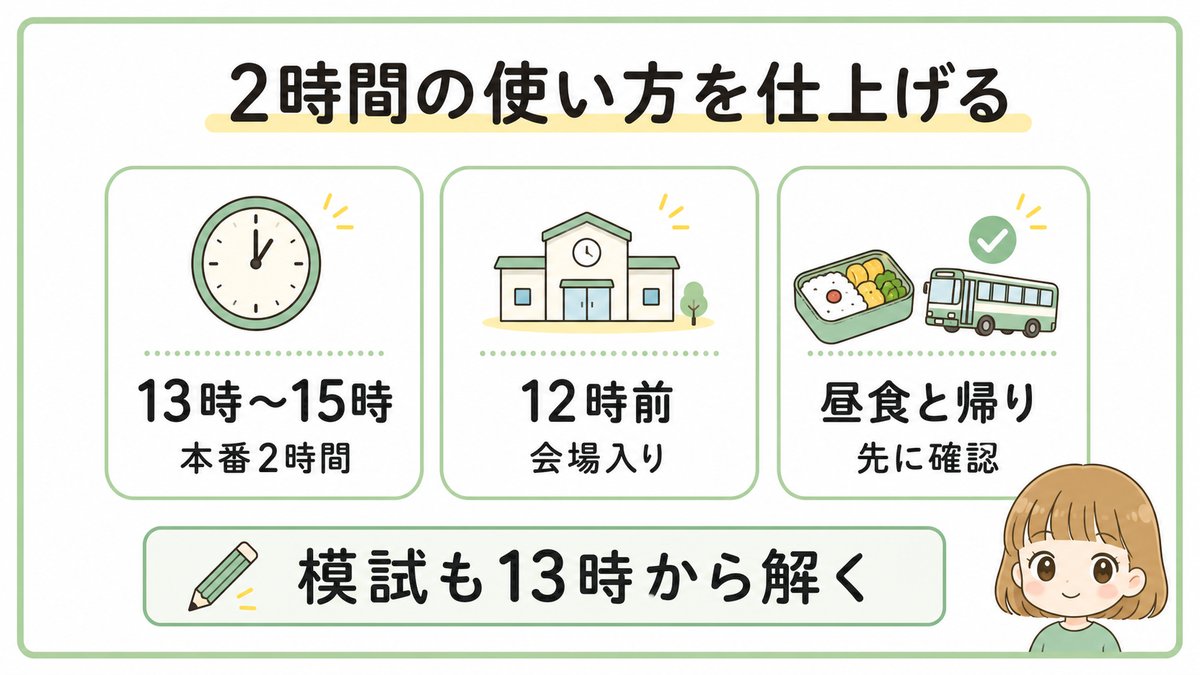 宅建試験は13時から15時の2時間で、12時前会場入りや昼食と帰りの確認、13時からの模試が大切と示す図解