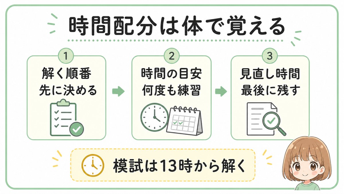 宅建試験の時間配分は解く順番、時間の目安、見直し時間を練習して体で覚えると示す図解