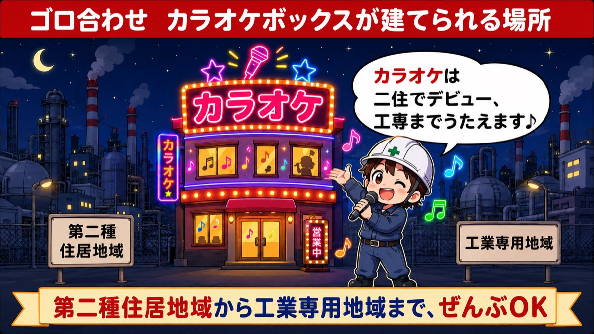 カラオケボックスの用途規制の語呂合わせ図解(第二種住居地域から工業専用地域まで建てられる)