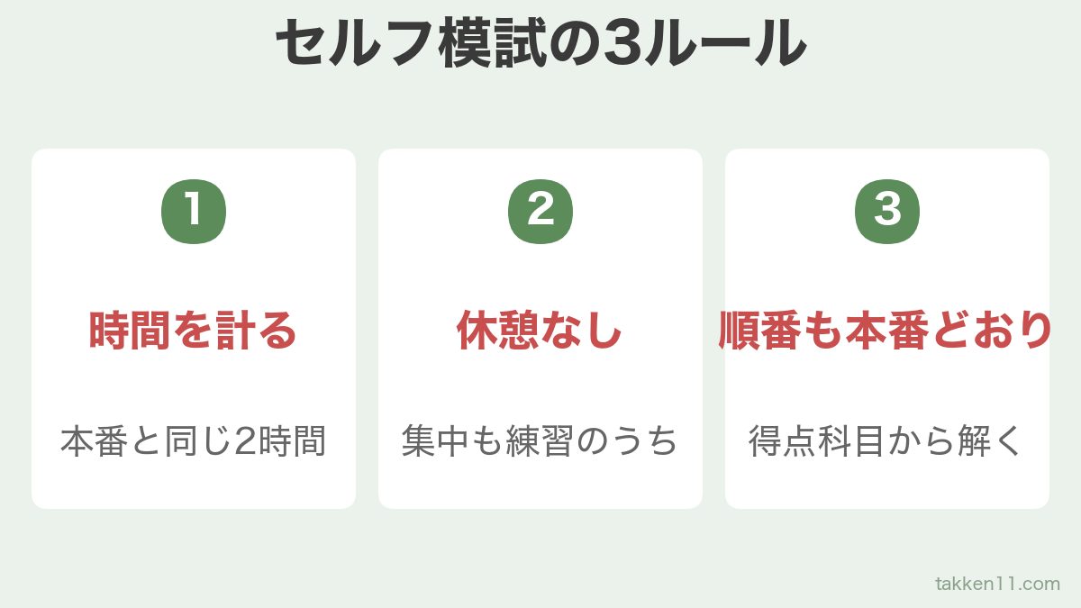 セルフ模試の3ルール（時間を計る・休憩なし・解く順番も本番どおり）を示した図