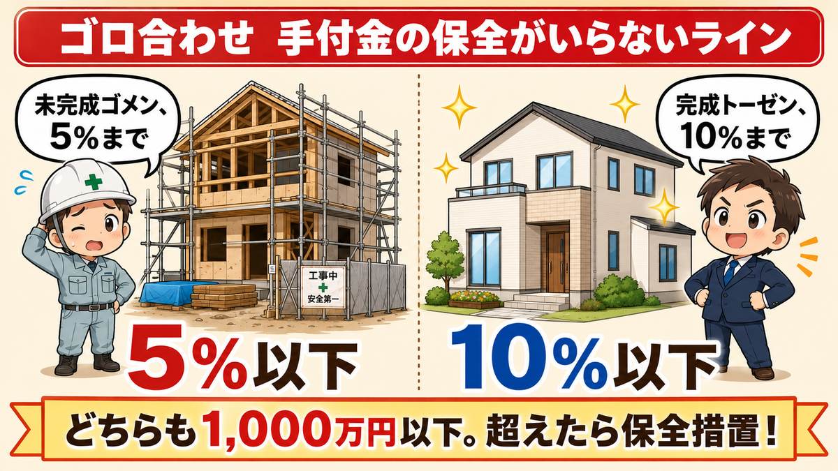 手付金等の保全措置の語呂合わせ図解(未完成物件は代金の5%以下・完成物件は10%以下・どちらも1,000万円以下を超えたら保全措置が必要)