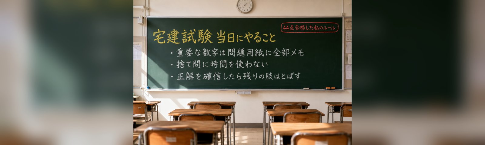 宅建試験当日にやること:44点合格した私のルール3つを書いた黒板