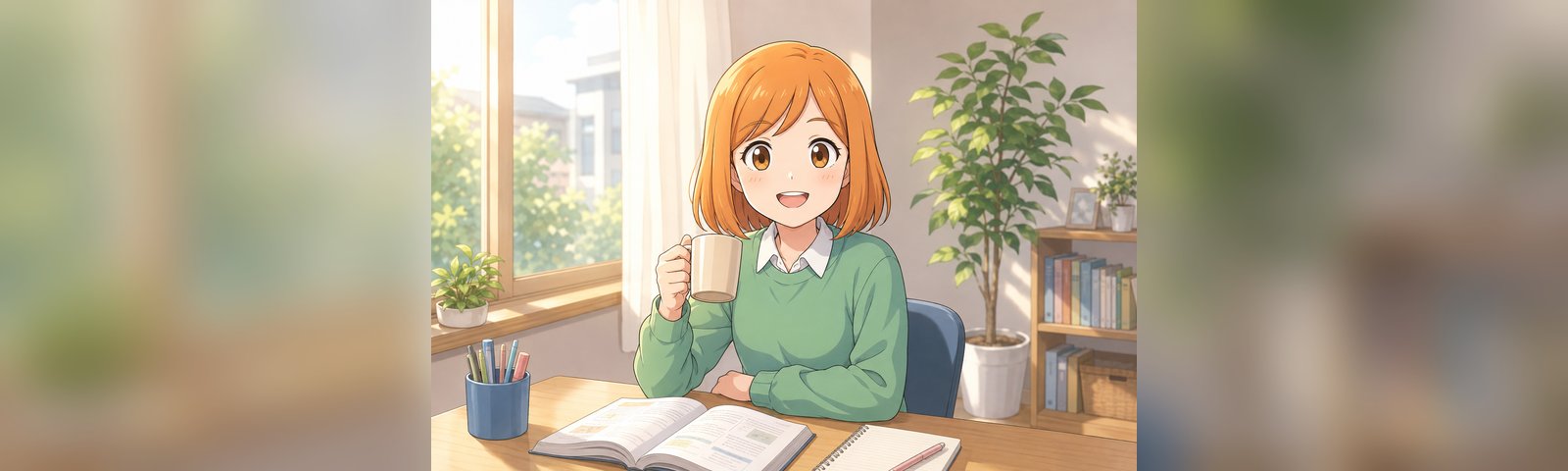 サイト運営者の宅建ちゃん(マグカップを持って微笑むイラスト)