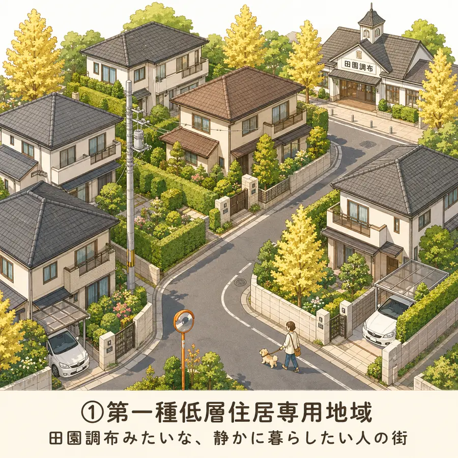 第一種低層住居専用地域のイメージイラスト：田園調布みたいな、静かに暮らしたい人の街