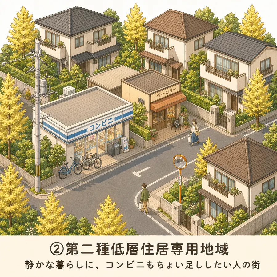 第二種低層住居専用地域のイメージイラスト：静かな暮らしに、コンビニもちょい足ししたい人の街
