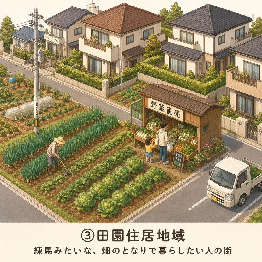 田園住居地域のイメージイラスト：練馬みたいな、畑のとなりで暮らしたい人の街