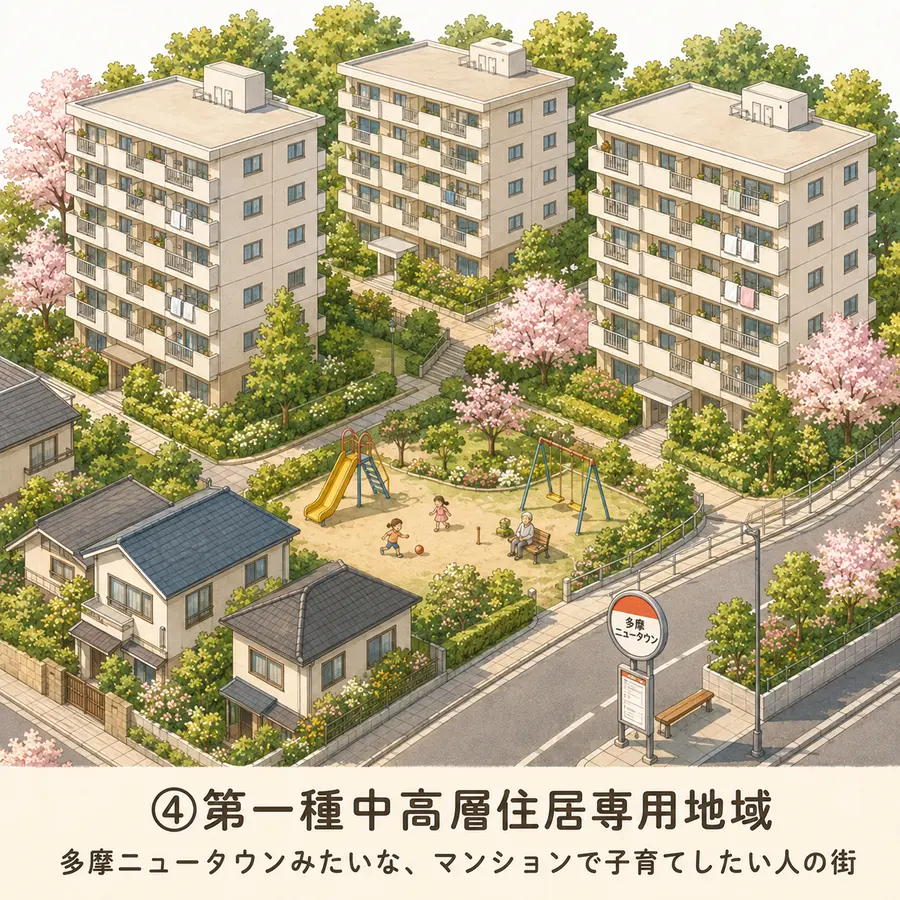 第一種中高層住居専用地域のイメージイラスト：多摩ニュータウンみたいな、マンションで子育てしたい人の街