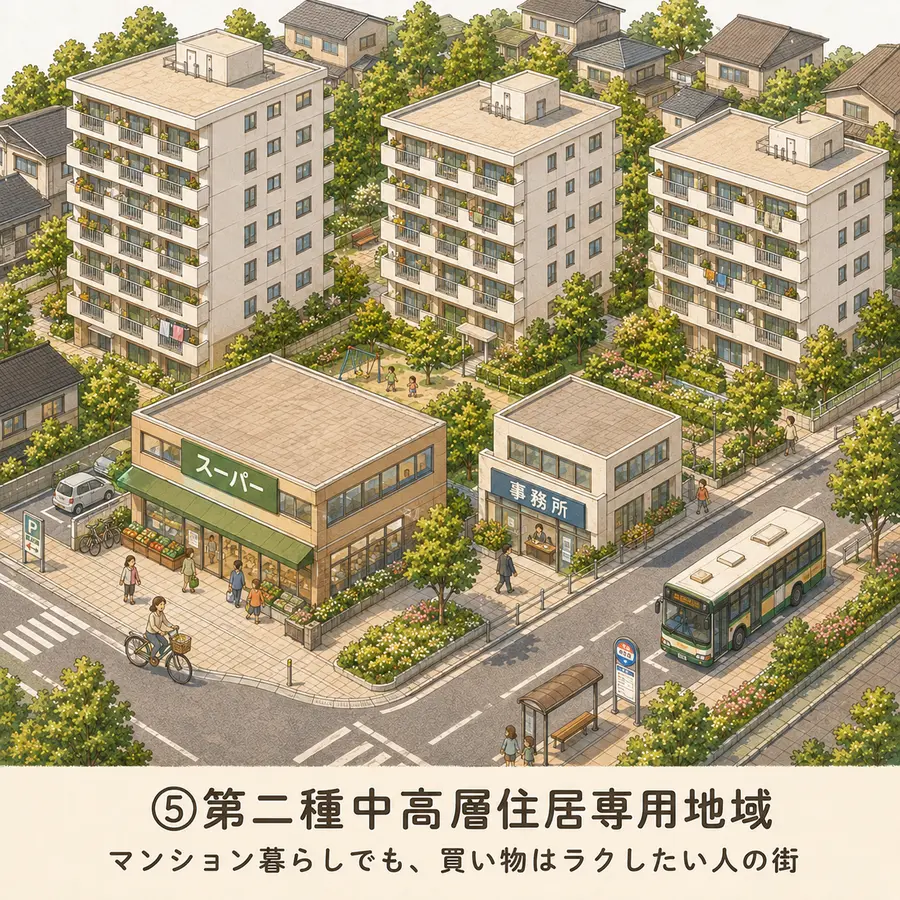 第二種中高層住居専用地域のイメージイラスト：マンション暮らしでも、買い物はラクしたい人の街