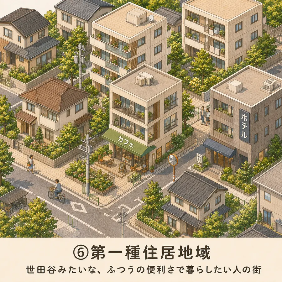 第一種住居地域のイメージイラスト：世田谷みたいな、ふつうの便利さで暮らしたい人の街