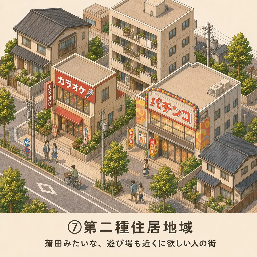 第二種住居地域のイメージイラスト：蒲田みたいな、遊び場も近くに欲しい人の街