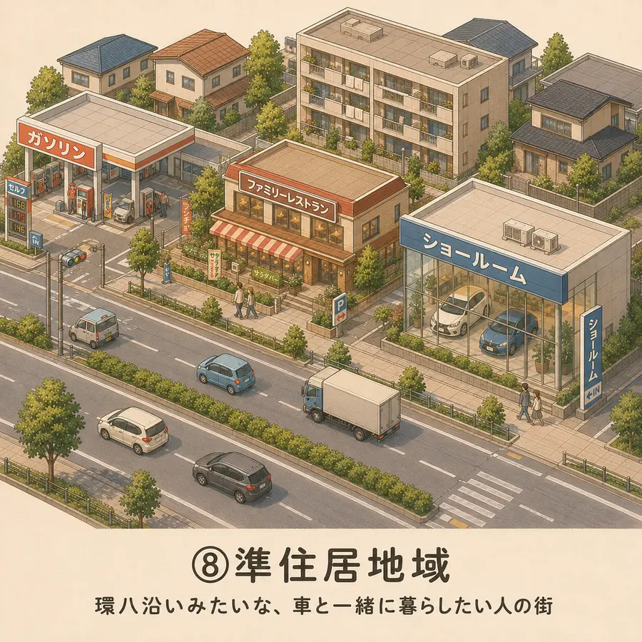 準住居地域のイメージイラスト：環八沿いみたいな、車と一緒に暮らしたい人の街