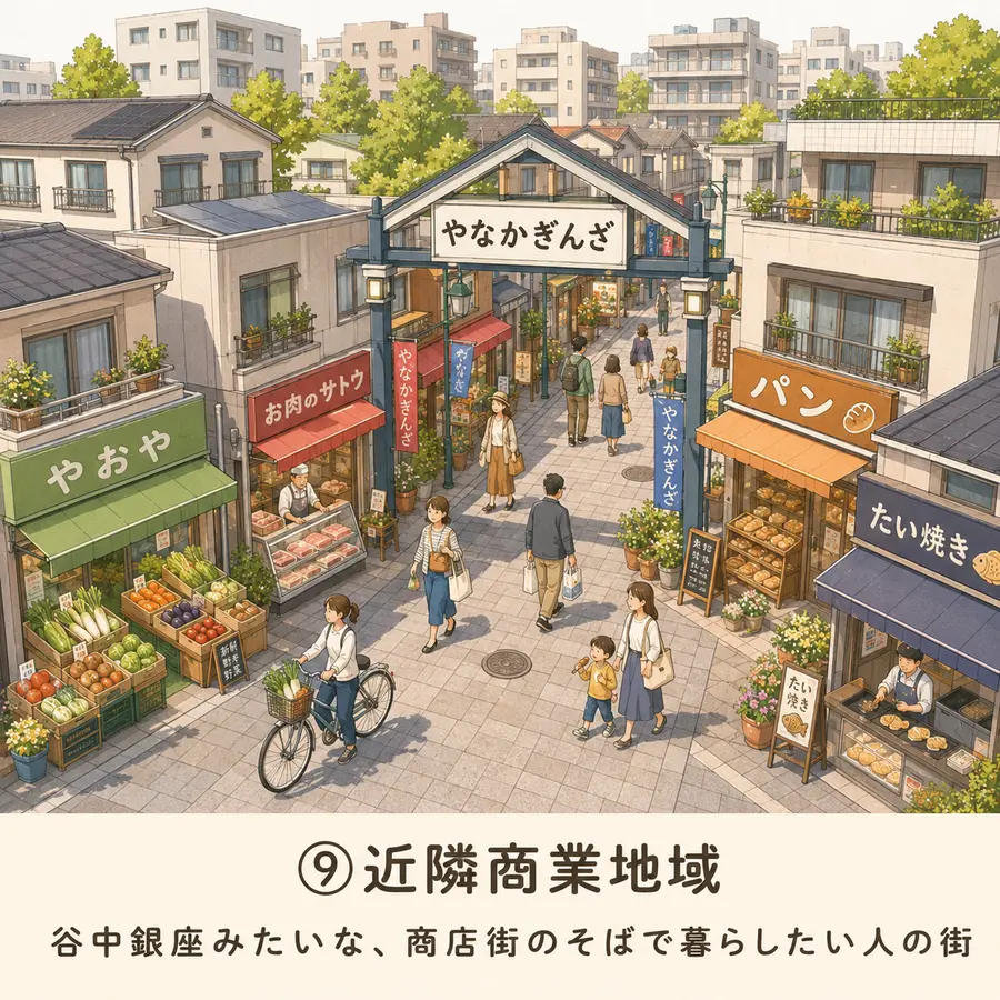 近隣商業地域のイメージイラスト：谷中銀座みたいな、商店街のそばで暮らしたい人の街