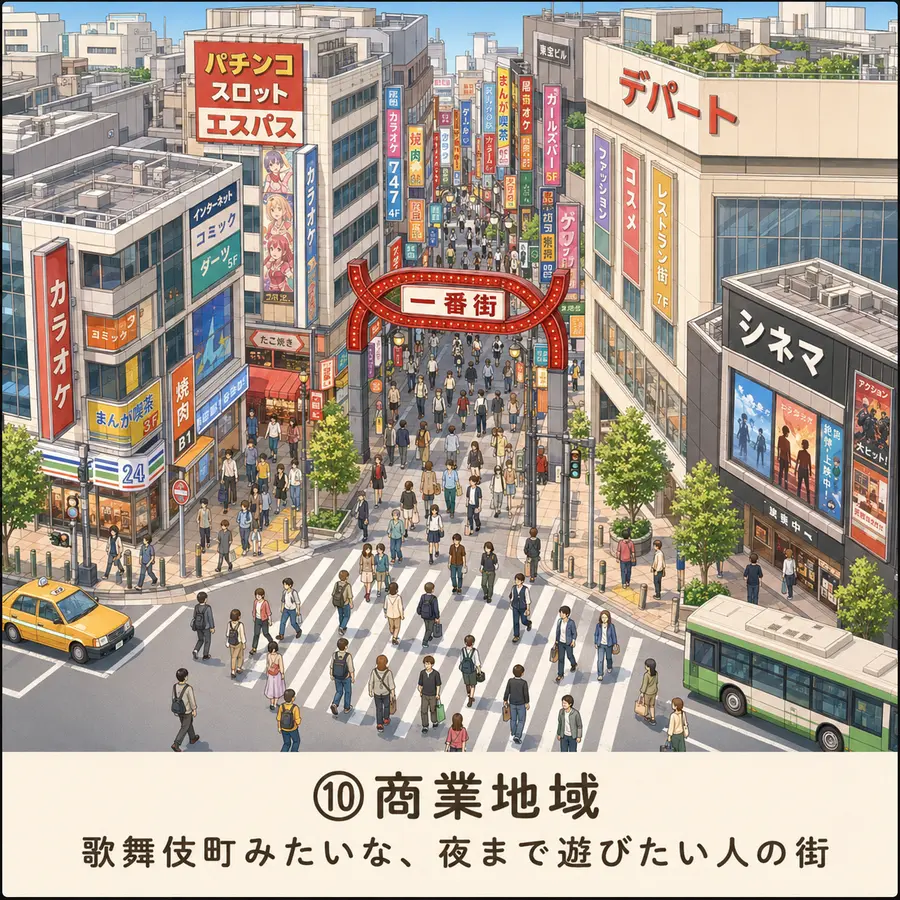 商業地域のイメージイラスト：歌舞伎町みたいな、夜まで遊びたい人の街