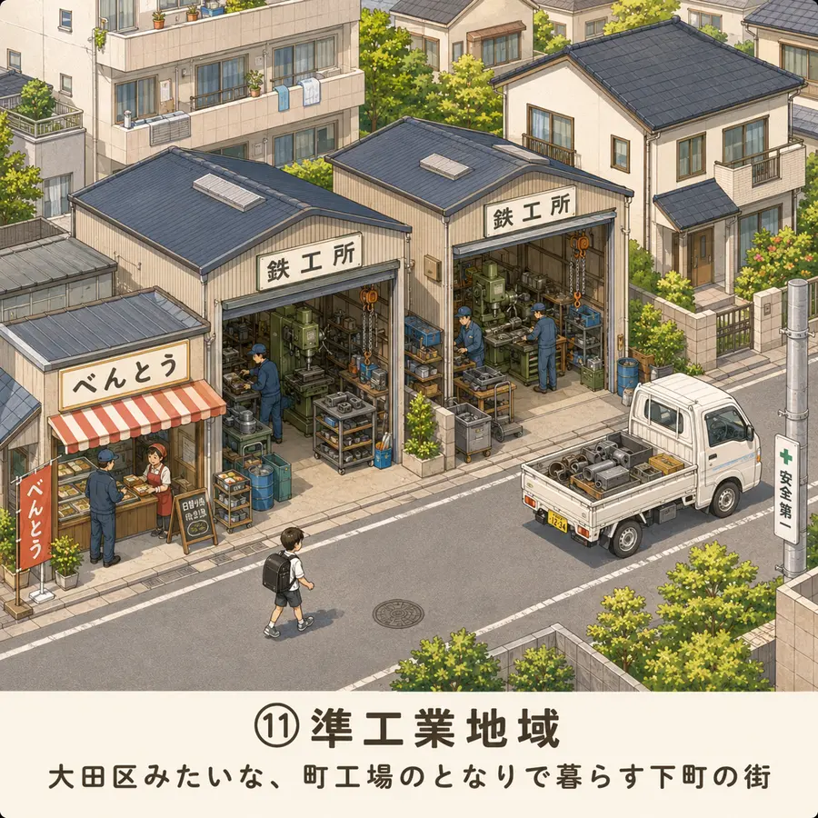 準工業地域のイメージイラスト：大田区みたいな、町工場のとなりで暮らす下町の街