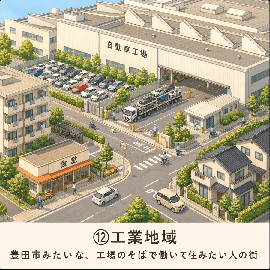 工業地域のイメージイラスト：豊田市みたいな、工場のそばで働いて住みたい人の街