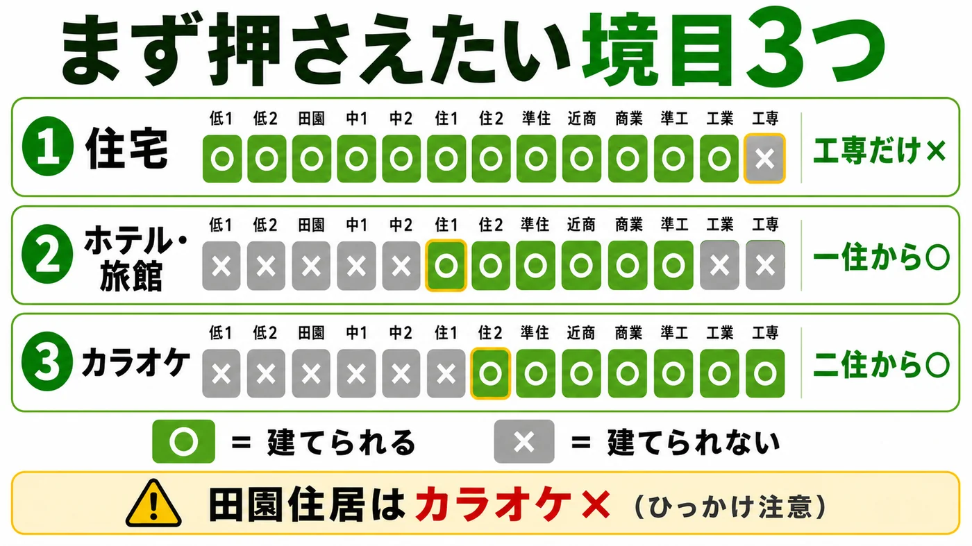 まず押さえたい用途制限の境目3つ（住宅は工業専用だけ×・ホテル旅館は第一種住居から○・カラオケは第二種住居から○。田園住居はカラオケ×）