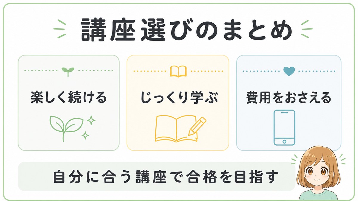 宅建通信講座選びのまとめとして自分に合う講座で合格を目指す図解