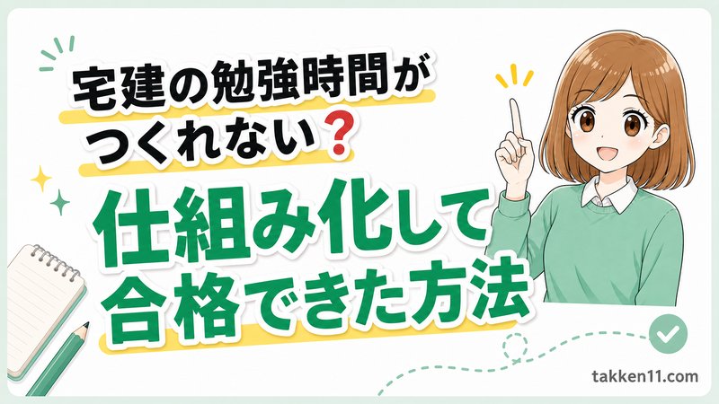 宅建の勉強時間がつくれない悩みに、仕組み化して合格を目指す方法を伝えるアイキャッチ