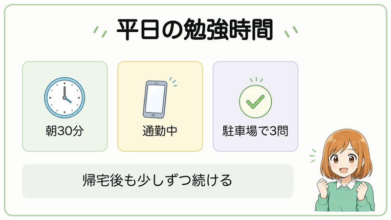 平日の宅建勉強時間として朝30分、通勤中、駐車場で3問を示す図